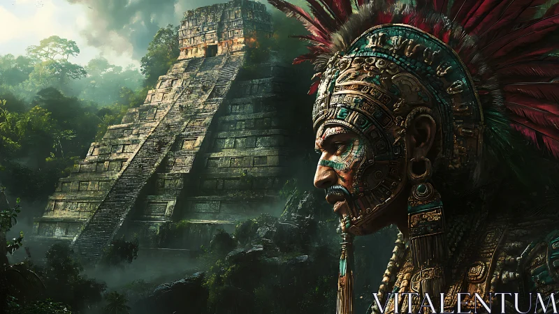 Ancient jungle temple rises behind a proud feathered warrior
