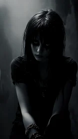 Midnight thoughts cling to a shadowed girl in grayscale gloom