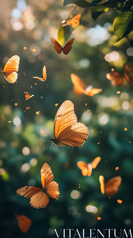 Orange butterflies in soft forest light during flight.