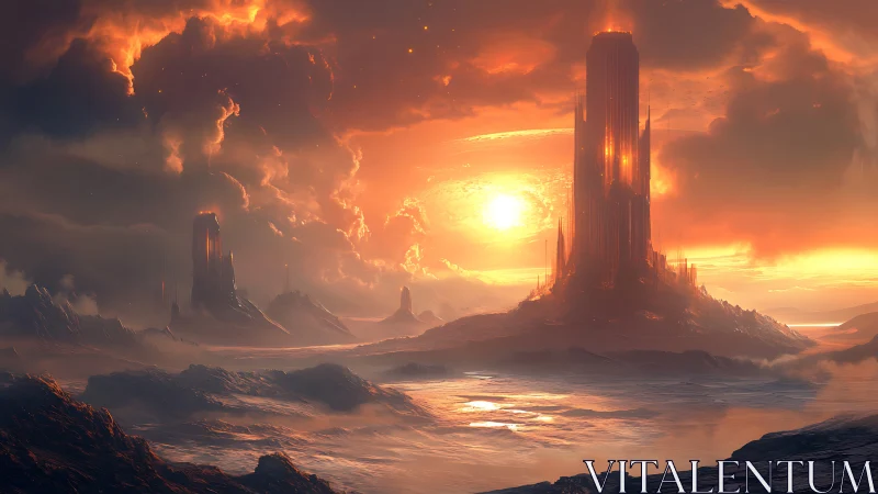 Alien basalt spires rise over molten sunset wasteland sky