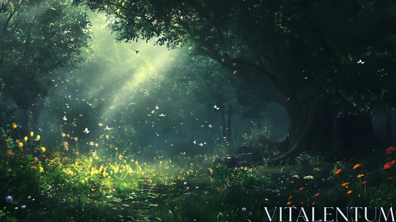 Enchanted Forest Clearing with Golden Light and Butterfly Swarm.