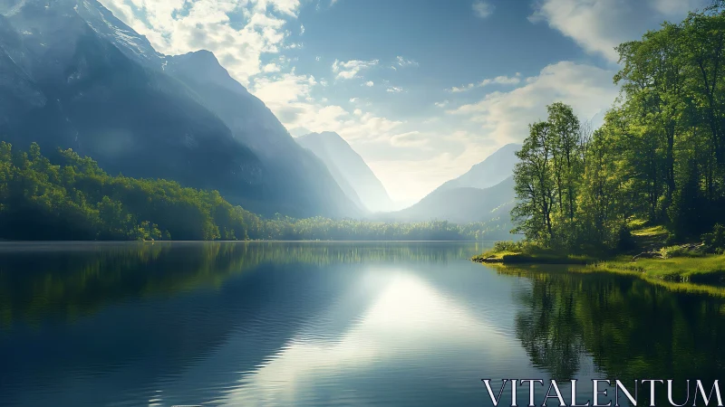 Morning calm over misty mountains and glassy forest lake.