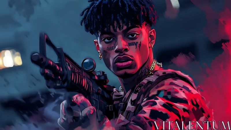 Intense street warrior in neon-lit urban night stand-off.