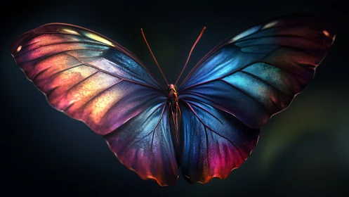 Iridescent midnight butterfly unfolds its neon-tinted wings