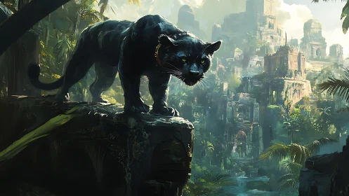 Black Panther Overlooking Verdant Jungle Ruins.