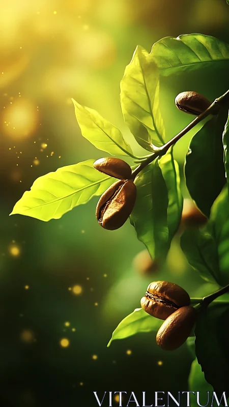 Coffee beans on branch in warm golden sunlight glow.