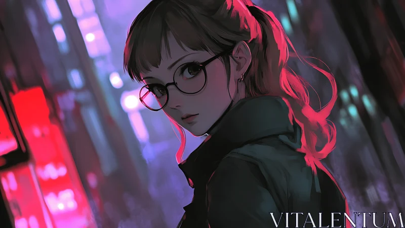 Young woman in neon city street with reflective glasses.