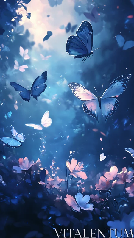 Nocturnal bioluminescent meadow with iridescent butterflies.