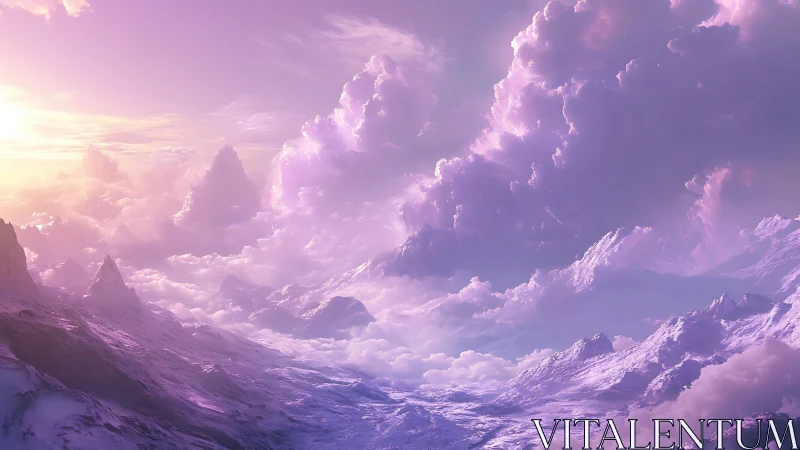 Violet sunrise clouds engulf crystalline snow peaks. Period.
