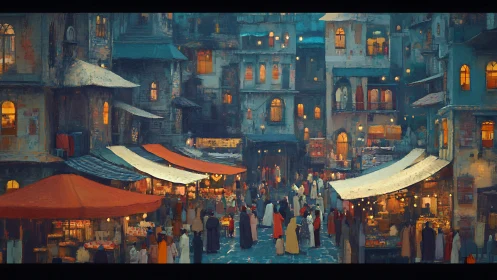 Evening market glow in a cozy old city quarter.