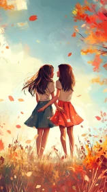 Autumn sisters holding hands in windy flower field.