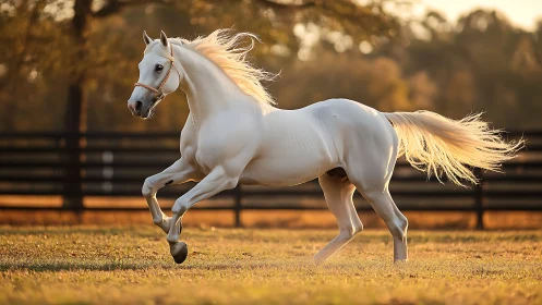 White horse galloping in sunlit pasture with fence backdrop.