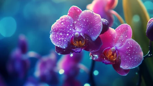 Delicate Purple Orchids Sparkle with Morning Dewdrops