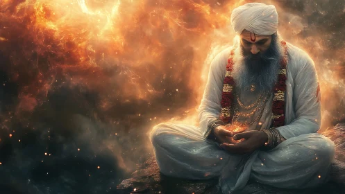 Figure in white garments sits amid luminous swirling clouds