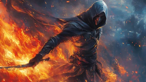 Hooded fire assassin strides through blazing battlefield.