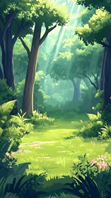Sunlit Forest Sanctuary With Gentle Light and Verdant Blooms.