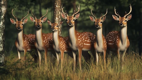 Group of spotted deer with antlers standing alert in forest