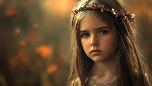Melancholic young girl stands in warm autumnal forest light