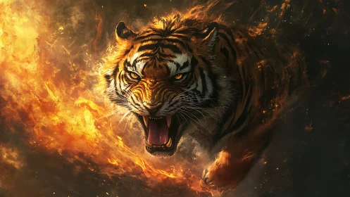 Blazing tiger leaps through roaring flames with fierce grace
