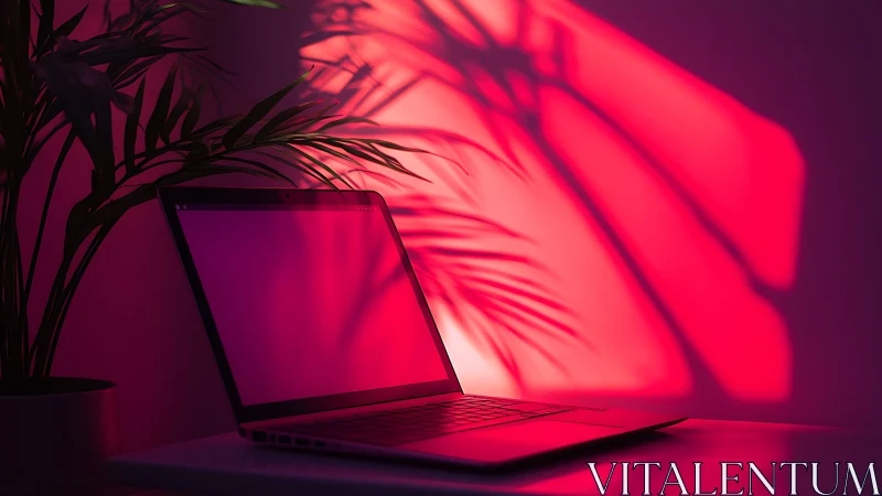 Laptop computer sits on desk with palm shadows on wall