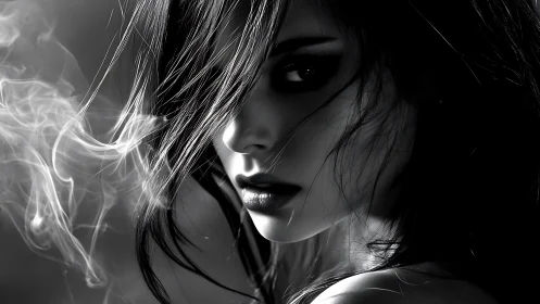 Moody female portrait glows through drifting monochrome smoke.