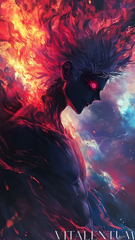 Flaming humanoid figure with glowing red eyes in profile