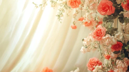 Hanging Garden of Coral Roses in Soft Sunlight.
