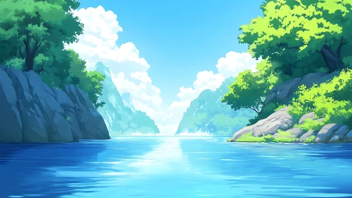 Sunlit river canyon with lush cliffs in serene summer light.