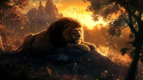 Majestic lion rests on sunlit rock before distant citadel