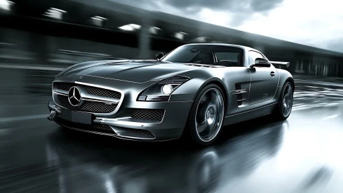 Silver sports coupe moves along wet urban roadway at speed