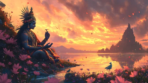 Twilight deity dreaming beside a lotus-drifted sacred lake.