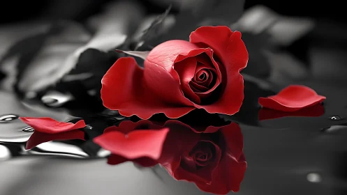 Crimson Bloom Reflects: A Rose's Mirrored Dance with Petals.
