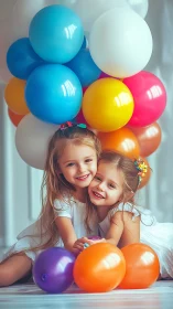 Sisters Embracing with Vibrant Balloons. Joyful Portrait.