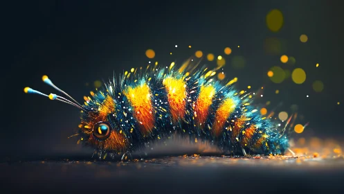 Colorful fuzzy caterpillar with glowing striped body.
