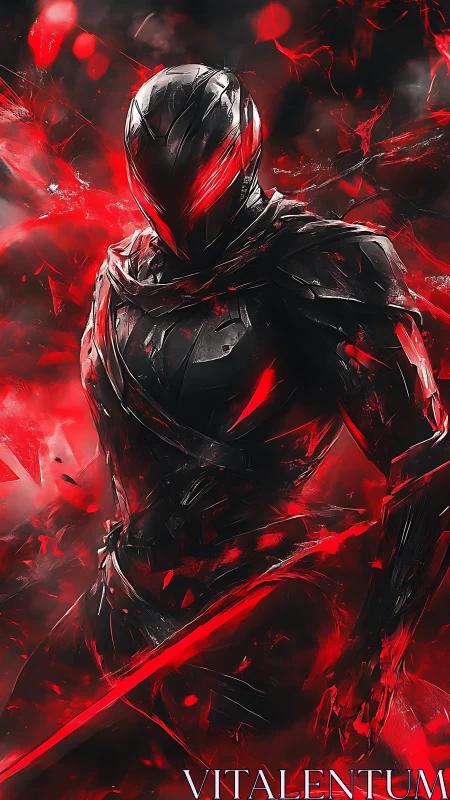 Armored cyber assassin with red energy blade in motion