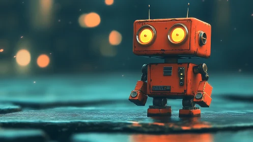 Cute orange robot stands on wet pavement under neon bokeh