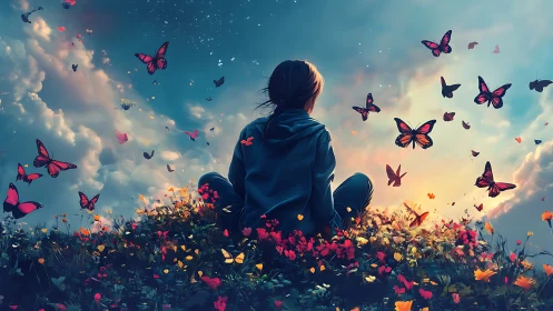 Child observes butterflies over flowered hill at sunset