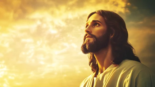 Serene bearded figure in golden sunset glow, upward gaze.