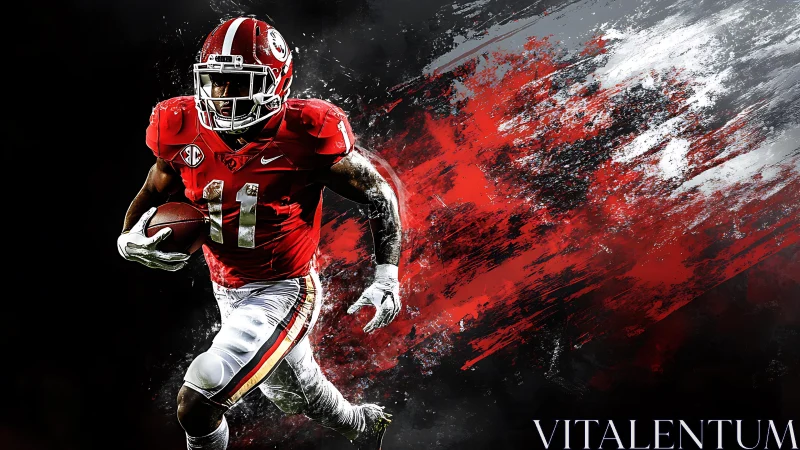 Crimson runner rips through a storm of digital paint and light