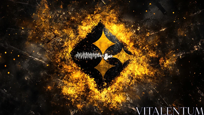 Explosive abstract emblem disintegrates within dynamic flame field