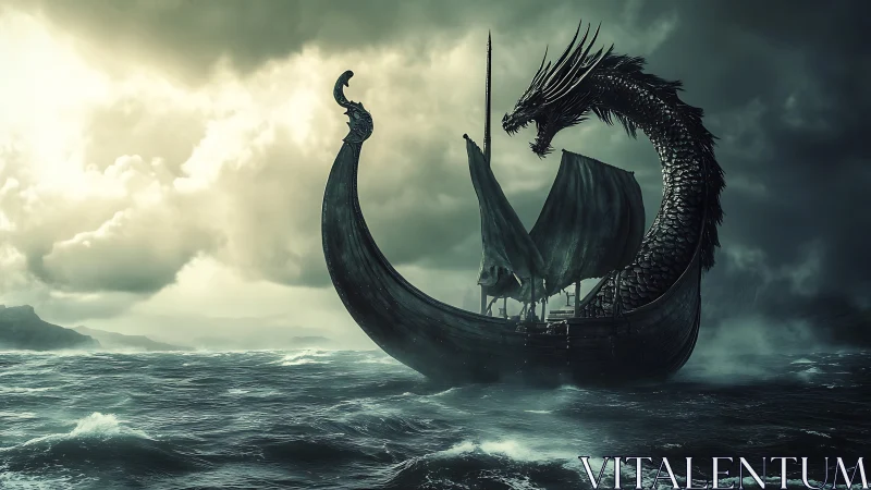 Storm-lashed drakkar confronts coiled serpentine dragon figurehead