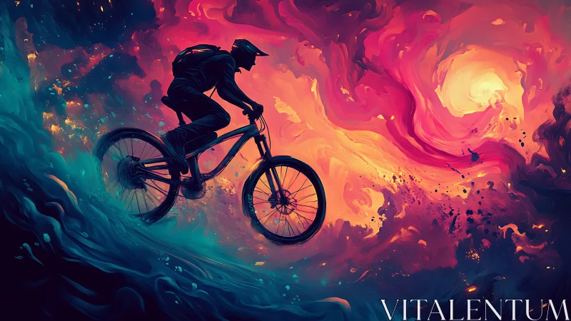 Cyclist Launches Through Inferno: Silhouette Defies Cosmic Turbulence