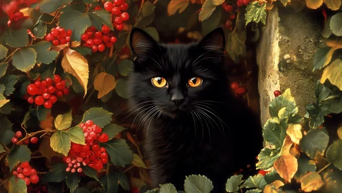 Black Cat Among Autumn Berries with Golden Eyes