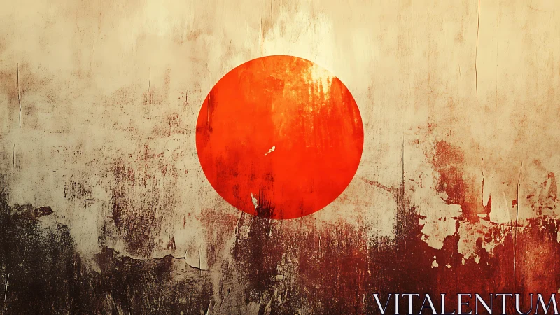 Weathered red sun on textured abstract wall background.