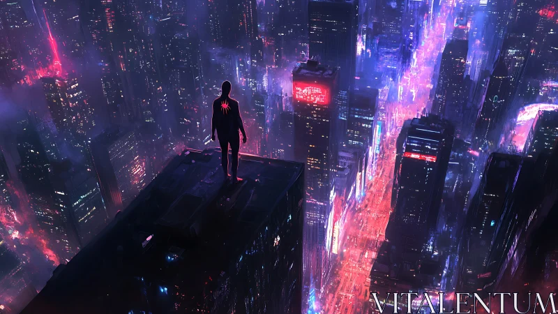 Neon vigilante overlooking futuristic cyberpunk megacity.