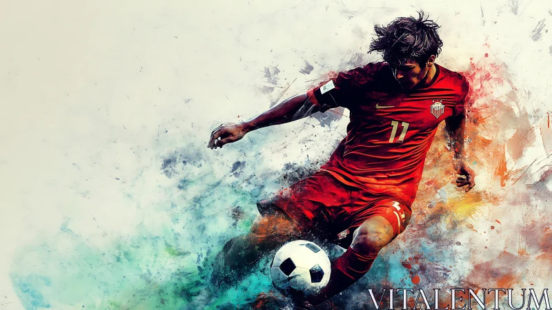 Dynamic soccer striker kicks ball through abstract color burst.