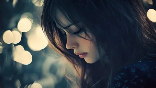 Profile portrait of young woman with blurred light orbs.