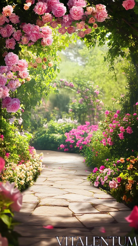 Stone garden path bordered by dense flowering rose arches.