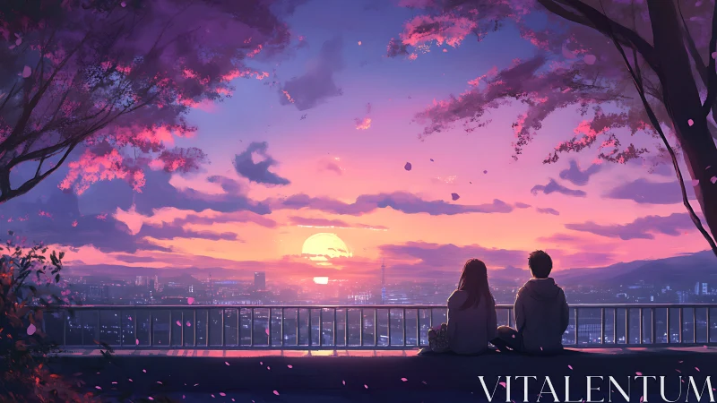 Sunset lovers share a quiet city overlook beneath pink clouds