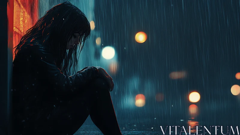 Melancholic figure alone in neon city rainstorm at night.